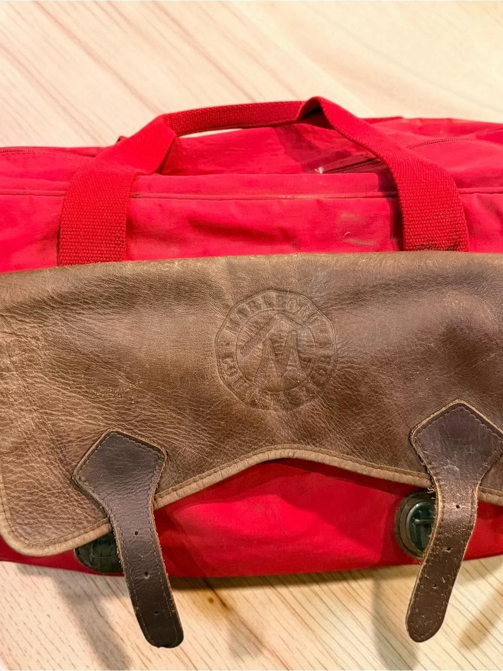 Vintage Marlboro Country Store Travel Duffle Bag Red Leather Straps Plaid Lined